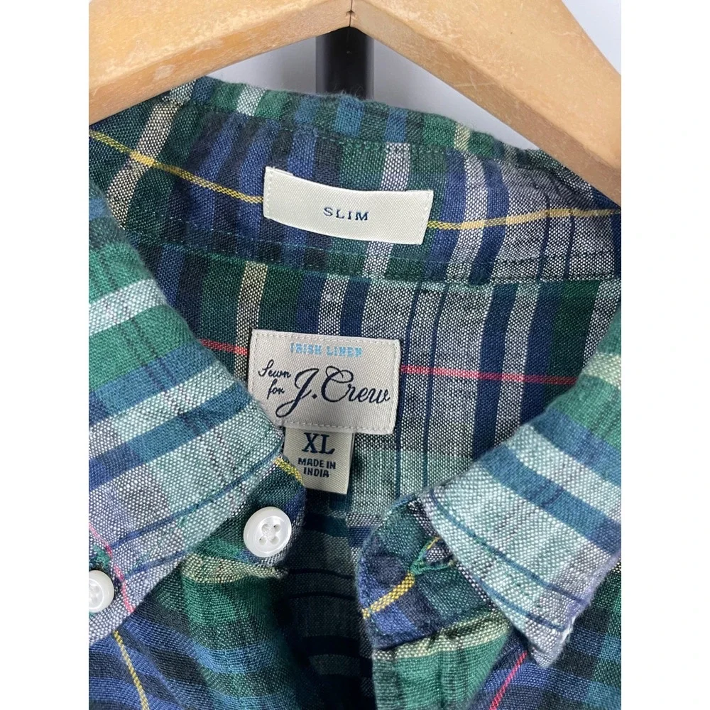 J.Crew Baird McNutt Irish Linen Slim Fit Plaid Button Down Shirt Mens XL Green